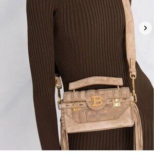 Balmain B-Buzz 19 Embossed Suede Shoulder Bag in Beige